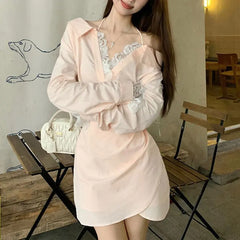 Cyflymder Pink Long Sleeve Waist Mini Dress Women's Clothing Solid Color Spring Autumn Elegant Bag Hip Aura V-Neck Lace Patchwork Dresses