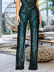 Cyflymder Elegant Sequin Fabric Women Deep V-Neck Wide Leg Jumpsuit Halterneck Sleeveless Fashion Sparkly Party Evening Clubwear Jumpsuit