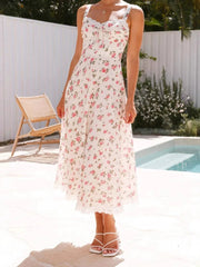 Cyflymder Elegant Maxi Dress with Floral Print and Lace Trim Sleeveless A-Line Dress for Women Perfect for Summer Fashion