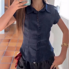 Cyflymder Women Short Sleeve Button Down Fitted Shirts Striped Print Slim Cropped Collared Blouse Business Shirts