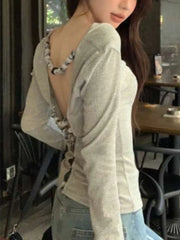 Cyflymder Reversible Long Sleeve T Shirt Women Beaded Cut Out Backless Top Y2k Autumn Clothing Sexy Hollow Out Aesthetic Streetwear Female