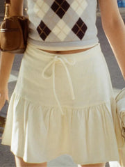 Cyflymder Beige Lace-up A-line Shirks Women New Cotton High Waist Elastic Ruffles Hem Sweet Mini Skirts Vintage Cute Streetwear Chic Falda