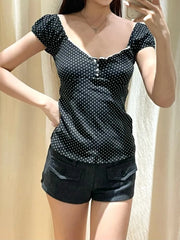 Cyflymder Polka Dot Lace Trim Square Collar T-shirts Women Retro Back Lace-up Slim Short Sleeve Tee Shirt Vintage Sweet Cute Tshirt Y2K