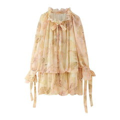 Cyflymder Spring 2025 Women Floral Print Short Dresses Lace Up Ruffle O Neck Long Sleeve Holiday Summer Dress Casual Vestidos