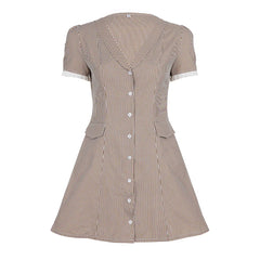 Cyflymder Elegant Plain Contrast Color Single Breasted Dress Women Commute Style Slimming Short Sleeve A-line Dresses Fashion New