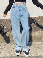Cyflymder High Waist Asymmetric Two Button Vintage Straight Leg Wide Leg Casual Jeans Women's Chic Spring New Sle Casual Loose Fit