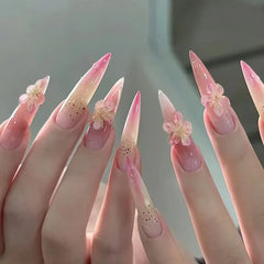 Cyflymder 30Pcs 3D Pink Fake Nails With Diamond Halloween Long Almond False Nail Butterfly Design Wearable Oval Press on Nails Tips Y2k