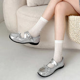 Cyflymder Spring Silvery Thick Bottom Women Mary Jane Shoes Ladies Casual Shallow Single Leather Shoes Eelgant Round Toe Shoes