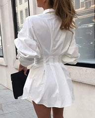 Cyflymder Faionable Loose Long Sve Women's irt Waist-Cinching Midi Dr Trendy Street Sle Pure Color Collar Button Detail