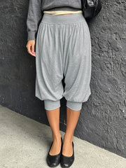 Cyflymder Casual Solid Color Jogger Lantern Cropped Pants Mid Waist Loose Simple Versatile Calf-length Bloomers Elegant Commuter