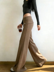 Cyflymder Korean Spring Coffee Sports Long Flare Pants Women Retro Chic Daily Trendy High Waist Loose Thin Splice Straight Trousers 974A