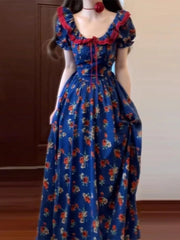 Cyflymder Retro Blue Floral Bubble Sleeve Dress Women's Summer New Holiday Outing Elegant Long Dress High Waist A-Line Cotton Short