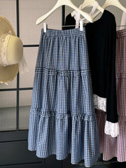 Cyflymder Fashionable Versatile Women's Skirt Multi-Tiered Ruffled Plaid Cake Skirt Elastic Waist Sweet Casual A-Line Mid-Length Skirt