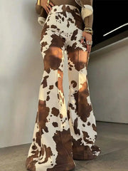 Cyflymder Sle Women's Brown Cow Print Flared Pants Slimming Sexy ow Body ape Beautiful Bell Bot Casual Trousers