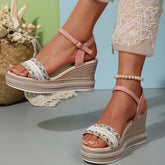 Cyflymder Fashion Pearl Striped Wedge Sandals for Women Summer Comfort Thick Sole Beach Shoes Women Ankle Strap Chunky Platform Sandalias