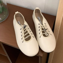 Cyflymder Retro Lace Soft Leather Women Flats Cozy Round Toe Ballet Style Outdoor Walking Casual Shoes Ladies Fashion Brand Designer Pumps
