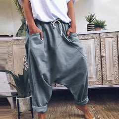 Cyflymder Women Harem Pants Cotton Drawstring Waist Harem Trousers Wide Leg Drop Crotch Pants Hip Hop Side Pockets Baggy Pants Rolled Cuff