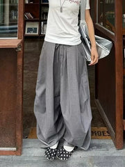 Cyflymder Korean Women's Gray Wide Leg Pants Summer Retro Loose Fit High Waist Flowy Office Trousers with Casual Elegant Design