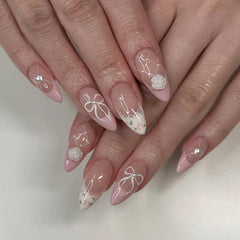 Cyflymder 24Pcs 3D Bow Strawberry False Nails Art Mid-length Almond Full Cover Nails Tips Pink Smudge Pearl Detachable Press on Fake Nails