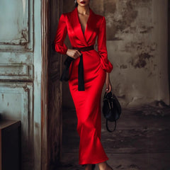 Cyflymder Elegant Silk Satin Dress for Women's Party Club Lantern Sleeve Notched Collar Red Evening Wedding Guest Midi Dresses for Autumn