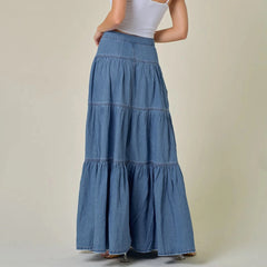 Cyflymder Women's Fashion Denim Long Skirts Stylish Solid Color High Waist A-Line Jean Skirt for Summer Spring