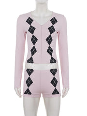 Cyflymder Fashion Argyle Print Matching Set Women's Zip-up Front V-Neck Long Sleeve T Shirt&Shorts 2 Piece Outfit Casual Lounge Wear