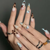 Cyflymder 24pcs Retro Leopard Print Fake Nail Tips y2k Blue French Almond Press on Nail Wearable Spicy Girl False Nails for Women Girls