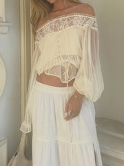 Cyflymder Summer Slash Neck Lantern Sleeve Folds Off Shoulder Loose Lace-up Women Blouse