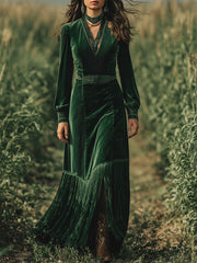 Cyflymder Elegant Women Velvet Dress Fringe Hem Sexy V Neck Long Sleeve Boho High Waist Lantern Sleeves A-Line Evening Party Maxi Dress