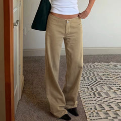 Cyflymder Women Low Waist Khaki Wide Leg Jeans Single Button Straight Baggy Denim Pants Vintage Casual Street Trousers Bottoms New 2027