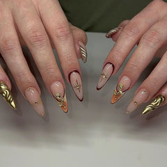 Cyflymder 24Pcs Mid-length Almond Press on False Nails Sun Totem Gilding Design Full Cover Nails Tips Pearl Detachable Finished Fake Nails