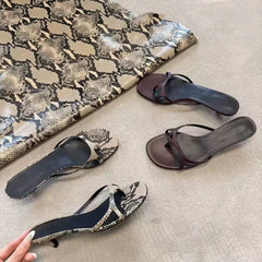 Cyflymder Women Snake Print Kitten Heel Slide Sandals Summer Square Toe Flip Flops Elegant Thin Strap Mule Slippers Outdoor Party Dress Pu