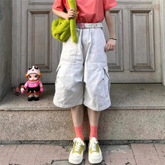 Cyflymder Summer Women's Unisex Multiple Pockets Street Cargo Shorts Young Girl Casual Bottom Female Loose Capris Calf-length Pants