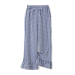 Cyflymder Elastic Waist Casual Ruffled Hem Wide Legs Pants for Women Summer Fall Plaid Loose Long Trousers for Streetwear Lounge Bottoms