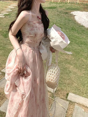 Cyflymder Korean-style slimming pink rose chiffon halter neck dress Chiffon Print Dress Women Retro Sweet Spaghetti Strap Corset Dress