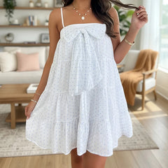 Cyflymder Women Mini Cami Dress Polka Dot Print Decorative Bow Square Neck Spaghetti Strap Dress Summer Pregnant A-line Dress