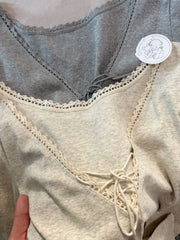 Cyflymder Lace Trim V-neck T-shirts Women Autumn New Sexy Streetwear Slim Lace-up Long Sleeve Tees Sweet Chic Preppy Style Tshirt Y2K