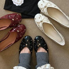 Cyflymder Women Flat Shoes Autumn New Round Toe Shallow Mouth Patent Leather Butterfly Knot Rivet Casual Shoes Soft Sole Single Shoes