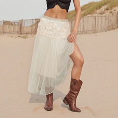 Cyflymder Women 3D Floral Tulle Skirt Elegant Ladies Clothes High Waist A-Line Long Flowy Skirt Beach Party Skirts Streetwear