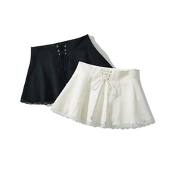 Cyflymder Holiday Front Cross Lacing up Bandage Bow Zipper Waist Mini Skirt Women White Spliced Lace Hem Ruched Swing A-lined Skirts Black