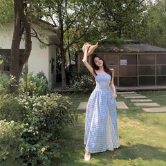 Cyflymder Korean Style Blue Plaid Lace Halter Dress Women Summer 2025 Sweet Beach Vacation Maxi Skirt Long Dress One Shoulder Sleeveless