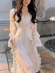 Cyflymder Pure Color French Elegant Dress Woman Long Sleeve Fairy Midi Dress Casual Summer Slim Party One Piece Dress Korean Design