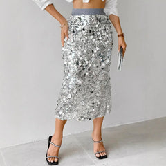 Cyflymder Sequin Elegant Skirt for Women's Elastic High Waist Pencil Skirt Party Club Casual Evening Cocktail Fashion Sparkly Skirts