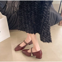 Cyflymder Retro low-heeled single shoes for women, new summer fashion gold buckle square toe comfortable high-heeled leather shoes