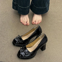 Cyflymder Designer Vintage Butterfly-knot Women Pumps Shoes Fashion Slip On Party Dress Female Thick Heel Shoes