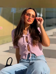 Cyflymder Chic Bow Knitted Short Texture Top Women Fashion Turn Down Collar Hollow Cardigan Knitwear Summer 2025 New Short-sleeved Tops