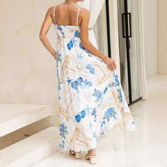 Cyflymder Women Summer Casual Loose Holiday Beach Dress Spring Slash Neck Backless Sling Dress New Vintage Pattern Print A-Line Long Dress