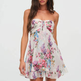 Cyflymder One Shoulder Mini Ruffles Dress Elegant Summer Floral Print Tie-up Party Dress Simple Women Backless Beach Dress New Sweet