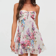 Cyflymder One Shoulder Mini Ruffles Dress Elegant Summer Floral Print Tie-up Party Dress Simple Women Backless Beach Dress New Sweet