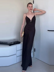 Cyflymder Deep V Pleat Slip Long Dress Women Sexy Sleeveless Backless Waist Cinching Hip Package Dragging Party Dresses Chic Ladies Robes